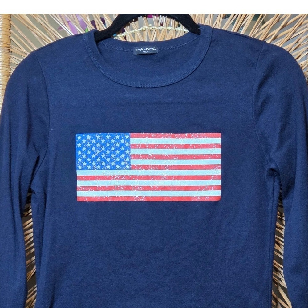Y2K FANG Girl XL‎ Jr XS American Flag Glitter Graphic Long Sleeve T-Shirt Navy